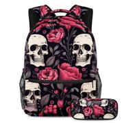 Fiori e teschio si preparano per il successo con il nostro set di 2 zaini per bambini, perfetto per ragazzi, ragazze, adolescenti, dotato di uno zaino di grande capacità e un astuccio, Multicolore#06,