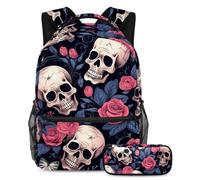 Fiori e teschio si preparano per il successo con il nostro set di 2 zaini per bambini, perfetto per ragazzi, ragazze, adolescenti, dotato di uno zaino di grande capacità e un astuccio, Multicolore#07,