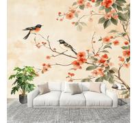 Fiori E Uccelli Acquerellati Carta da Parati Fotografica Panorama Effetto 400x280 cm Beige Decorazione per la Casa per Pareti per Camera Da Letto Sala Fotomurali In Tessuto Non Tessuto