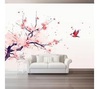 Fiori E Uccelli Orientali Carta Da Parati Rosa Fiori Uccelli In Volo Murale Seta Xxl Moderne Decorazione 350 X 256 Cm Per Decorazione Soggiorno Camera De Letto Sala Ufficio