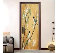 Fiori E Uccelli Retrò Autoadesivo Adesivi per Porte Interne 3D Oro D'Epoca Porta Adesivi Parete Decorazione per Soggiorno Cucina Bagno Ristorante Hotel Ufficio Carta da parati 80x210 cm