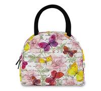 Fiori Farfalla Vintage Testo scritto a mano Borsa riutilizzabile per il pranzo con tasca frontale Chiusura a cerniera Borsa termica termica per uomo Donna Lavoro Picnic Viaggi Spiaggia Pesca