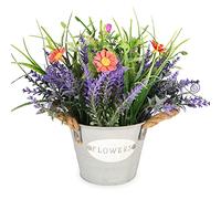Fiori finti Piante finte viola artificiali di lavanda in vaso zincato con margherita arancia altezza 24cm realistiche in vaso finto per casa, ufficio, soggiorno, tavolo, camera da letto decorazioni