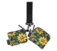 Fiori gialli api foglie verdi Primavera_4 Portafogli da polso doppio per le donne Piccolo portafoglio staccabile con cerniera portamonete per le donne 2 confezioni monedero para tarjetas de credito