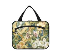 Fiori gialli e blu appesi grande borsa da toilette da viaggio con gancio, design lavabile spazzola borsa per viaggiatore toilette maletín para maquillaje, Fiori gialli e blu, M, casual