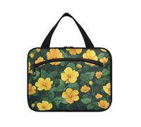 Fiori gialli foglie verdi colori piatti stile carino appeso borsa da toilette appeso organizzatore di viaggio con gancio, designer borsa portatile per la cura della pelle per le donne bagno Bolsa para