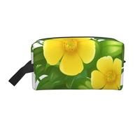 Fiori gialli in un cespuglio verde, organizer per cosmetici di grande capacità, borsa da viaggio per il trucco da donna