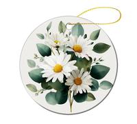 Fiori margherite floreali con foglie di eucalipto ornamenti da appendere all'albero di Natale, 2 pezzi, 7,2 cm, rotondi su entrambi i lati