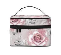 Fiori rosa Acquerello floreale rosa grigio foglie Splash, Borsa per il trucco Borsa per cosmetici Borsa da toilette da viaggio portatile Astuccio per matite Astuccio da toilette