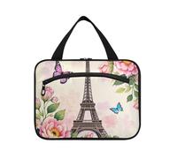 Fiori rosa Romantico Torre Eiffel appeso oggetti personali borsa da viaggio con gancio, designer kit pieghevole borsa per accessori must haves viaggio bolso de mano para hombre L, Fiori rosa Torre