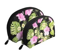Fiori rosa tropicali e palme della giungla, Borsa per trucco a conchiglia Portamonete da donna Borsa da toilette piccola Borsa per cosmetici 2 pezzi