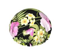 Fiori rosa tropicali e palme della giungla,Cuffia da doccia, cuffia da notte, doppio strato, impermeabile, elastica, riutilizzabile.