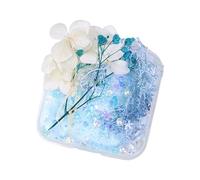 Fiori secchi confezionati in resina sintetica facili da usare, mescolati con ciottoli e perline, composizione floreale versatile conservata con accenti decorativi e perline