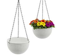 Fioriera bianca effetto rattan, 23 cm, set da 2 pezzi, in plastica, con scarico e catena in metallo, decorazione da giardino, vaso per piante, vaso da fiori, vaso da fiori da appendere