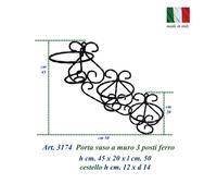 Fioriera Porta vasi da Muro in ferro Battuto, 3 Posti Dimensioni 20x50x h 45 cm - cestello x vasi in ferro battuto Ø12xh 14 cm colore nero nero