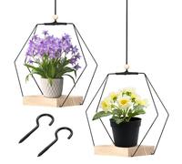 Fioriera sospesa per interni, in metallo, colore nero, vaso da fiori da appendere con base in legno, a soffitto, per piante, per piante da interno, per piante grasse e piante aeree, 2 pezzi