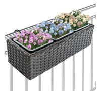 BAKAJI Fioriera Effetto Rattan con Ganci e Anelli per Balcone, Vaso per Fiori da Balcone e Tavolo per Esterni ed Interni, Supporto con 3 Scomparti Resistente ai Raggi UV, 49 x 19 x 15 cm