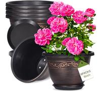 Fioriere in plastica, 20,3 cm, con foro di drenaggio e piattino, confezione da 6 piccoli vasi da fiori leggeri in resina per interni ed esterni, set di contenitori decorativi da giardino per piante