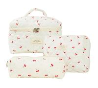 Fiorky 3 Pezzi Borsa for Trucco Coquette - Borsa for Trucco Trapuntata Borsa for Cosmetici Borsa Organizer Borsa di Grande Capacità Pochette Modello Ciliegia Borsa da Toilette Carina Borsa