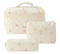 Fiorky 3PC Trapuntato Cosmetic Pouch Cotone Stampato Floreale Grande Capacità Chiusura con Cerniera Ragazze Borsa di Stoccaggio in Cotone Set Estetico Borsa da Toilette Stampato Donne Carino