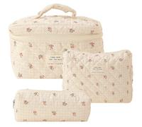 Fiorky 3PC Trapuntato Cosmetic Pouch Cotone Stampato Floreale Grande Capacità Chiusura con Cerniera Ragazze Borsa di Stoccaggio in Cotone Set Estetico Borsa da Toilette Stampato Donne Carino