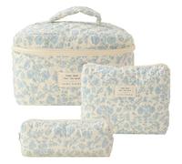 Fiorky 3PC Trapuntato Cosmetic Pouch Cotone Stampato Floreale Grande Capacità Chiusura con Cerniera Ragazze Borsa di Stoccaggio in Cotone Set Estetico Borsa da Toilette Stampato Donne Carino