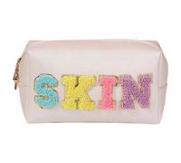 Fiorky Borsa for il trucco con lettera in ciniglia Borsa for il trucco con patch preppy Borsa for la cura della pelle portatile grande capacità Borsa for trucco in PU for viaggi all'aperto