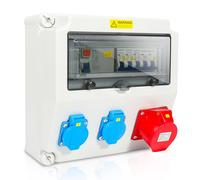 Fiqops Distributore di corrente da costruzione 16A, 2 x 16 A, 230 V, 1 x 16 A, 400 V, CEE 5 poli, distributore a parete con coperchi di sicurezza e tubo, IP44 per officine, fabbriche