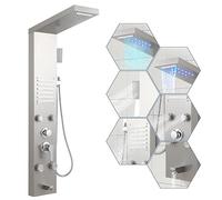 Fiqops Pannello doccia in acciaio inox con rubinetto, 5 funzioni con doccia a LED a pioggia e cascata, ugelli massaggianti, doccetta e beccuccio per vasca da bagno, pannello doccia colonna doccia