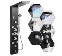 Fiqops Pannello doccia in acciaio inox con rubinetto, 6 funzioni con indicatore di temperatura a LED, pioggia e cascata, ugelli massaggianti, doccetta e beccuccio per vasca da bagno, pannello doccia