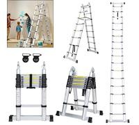 Fiqops Scala Telescopica Con Ruote in Alluminio Antiscivolo - 5 m (2,5 + 2,5), Portata 150 kg/330 Libbre - Allungabile, Multiuso Con Maniglia