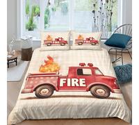 Fire truck illustcopripiumino microfibra Set di 3 Pezzi stampa 3D con cerniera Vintage cartoon Set Di Copripiumino con federe per cuscini traspirante for bambini e adolescenti Single（140x200cm）