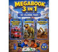 Fire Trucks and Emergency Vehicles, Dinosaur & Construction Vehicles Coloring Book for Boys Ages 6-9: 3 in 1 Coloring Book with 60 Fun Single-Sided Pages for Kids