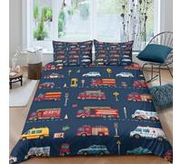 Fire trucksSet Di Copripiumino morbida microfibra 3 pezzi motivo 3D con cerniera Vector cartoon style copripiumino incluso federe aiosa ultra morbido e traspirante for bambini Super king（260x220cm）