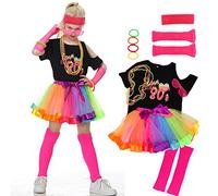 Firecos Costumi Anni '80 per Bambini Cosplay a Tema Vestito 80s Accessori Abiti Set con Gonna Tutù Maniche Corte per Travestimenti da Festa per Ragazze (120cm)