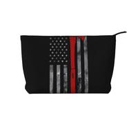 Firefighter Axe Red Line Flag Chiusura a cerniera Corduroy Makeup Bag Organizer multifunzionale 22x7x17cm per Viaggi Campeggio Vacanze Fitness, Nero , Taglia unica