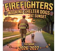 Firefighters Walking Shelter Dogs at Sunset Calendar 2026-2027: Golden-hour walks as firefighters stroll shelter dogs into a brighter future.