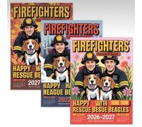 Firefighters with Happy Rescue Beagles Calendar 2026-2027: Rescued dogs of all sizes relaxing with the firefighters who care for them.