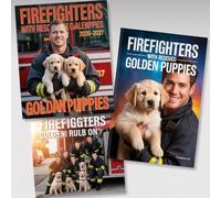 Firefighters with Rescued Golden Puppies Calendar 2026-2027: Rescued dogs of all sizes relaxing with the firefighters who care for them.