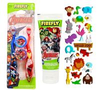 Firefly Marvel Avengers - Spazzolino da denti per bambini con tappi da viaggio, dentifricio al gusto gomma da masticare da 75 ml e foglio adesivo 3D Puffy
