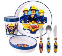 Fireman Sam - Set di stoviglie riutilizzabili per bambini, 6 pezzi, piatto, ciotola, tazza, coltello, forchetta, cucchiaio, posate per bambini
