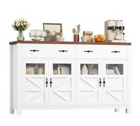 FirFurd 140 cm Credenza Cucina con 4 Ante in Vetro e 2 Ampi Cassetti Bianco | Mobile Cucina a Ripiani Regolabili/Rimovibili｜Grande Capacità｜Kit Antiribaltamento｜per Soggiorno, Sala da Pranzo｜140x39x90cm