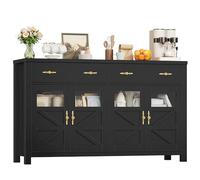 FirFurd 140 cm Credenza Cucina con 4 Ante in Vetro e 2 Ampi Cassetti Nero | Mobile Cucina a Ripiani Regolabili/Rimovibili｜Grande Capacità｜Kit Antiribaltamento｜per Soggiorno, Sala da Pranzo｜140x39x90cm