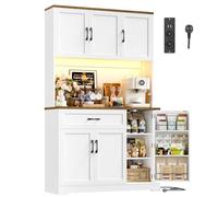 FirFurd 180.5 cm Mobile Cucina, Credenza Cucina Alta con Presa Integrata e Luce LED, Credenza con Porta Spezie, Ripiani Regolabili, Ampio Piano di Lavoro, 100.2x38.6x180.5 cm, Bianco