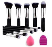 FIRST BEAUTY Set di pennelli sintetici Kabuki per fondotinta, cipria, fard, ombretto, pennelli per trucco (10 pezzi, nero e argento)