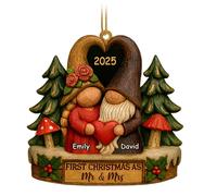 First Christmas As Mr & Mrs, Rustic Gnome Couple Holding Heart Wooden Orna K9G9