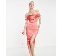 First Distraction The Label Tall - Vestito midi in raso corallo con spacco-Rosa 6