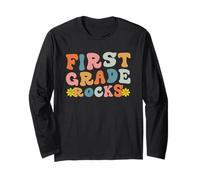 First Grade Rocks Retro Teacher Student Kids Back to School Maglia a Manica