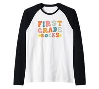 First Grade Rocks Retro Teacher Student Kids Back to School Maglia con Maniche Raglan