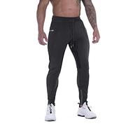FIRSTGYM, pantaloni da jogging, da uomo, aderenti, per allenamento, esercizi, rete sulla coscia, tasche con cerniera, nero, L